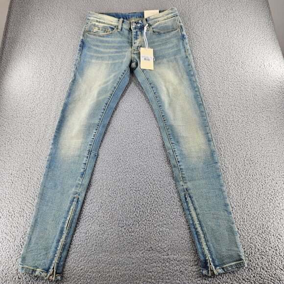 mnml M5 Stretch Denim Jeans Mens 28 Blue Tapered Ankle Zips Button Fly - Picture 1 of 16